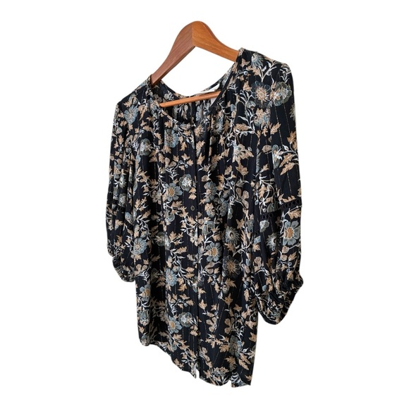 Knox Rose Blue Floral Gold Metallic Stripe Crochet Sleeve Button Front Top Small - Picture 3 of 9